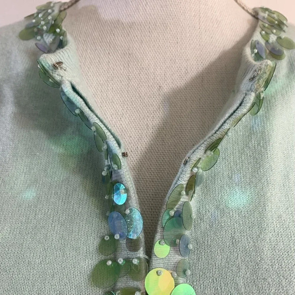 Y2K Blue Cardigan Sweater with Large Sequin Trim in Green Long Sleeve Size Small - Picture 8 of 10